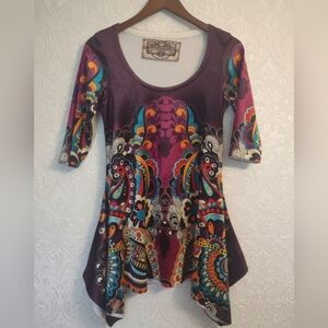 ​Vintage Amma Design Y2K Crushed Velvet Tunic Top Small Psychedelic Paisley